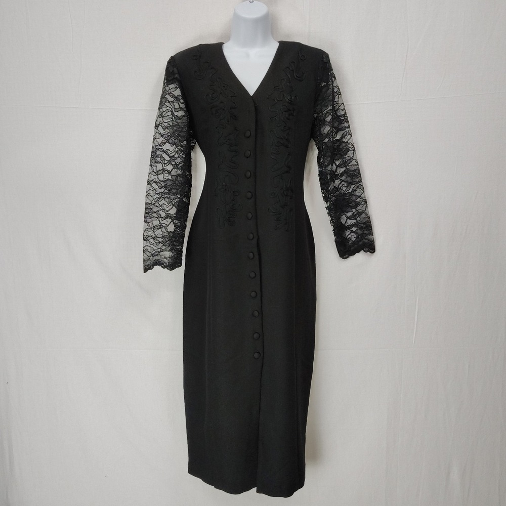 VTG Dawn Joy Fashions‎ Women 9/10 Black Dress Lace Sleeve Classic 90s Grunge